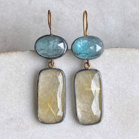 Golden Rutilated Quartz and Teal Kyanite Earrings